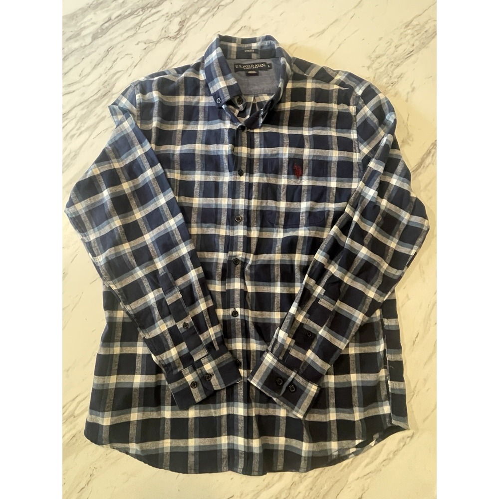 U.S‎ Polo Mens L Navy Blue Plaid Stretch Fit Button Down Long Sleeve Shirt
